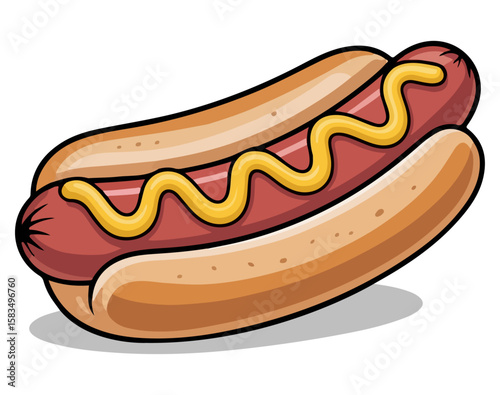 Hot dog with sausage mustard and ketchup in a bun on white background.