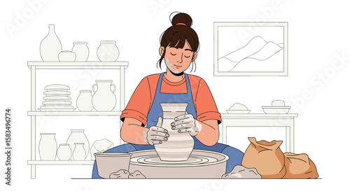 Artist skillfully crafts unique ceramic vase on pottery wheel with creative focus
