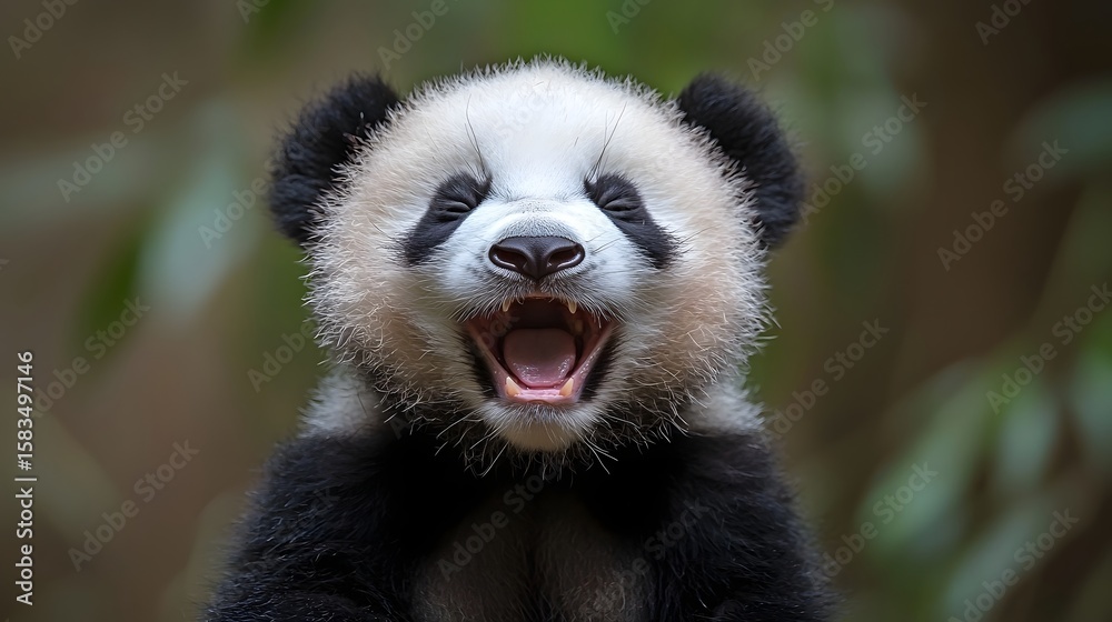 Obraz premium A joyful panda laughing with eyes closed in a vibrant heartwarming portrait