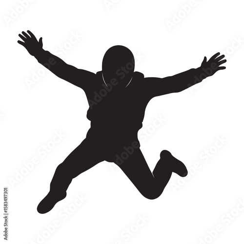 Silhouette of Jumping Person with Raised Hands Isolated on White Background


