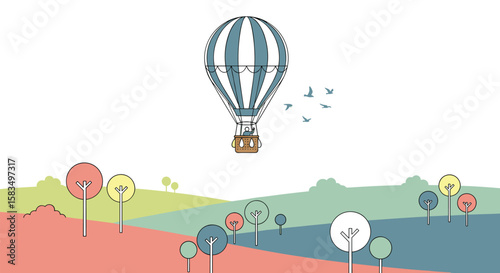 Whimsical hot air balloon adventure above a colorful artistic landscape