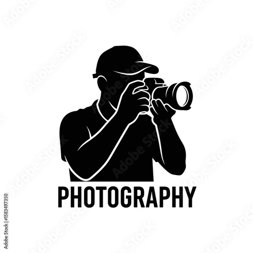 Photographer capturing image with camera and focusing on subjects on isolated background