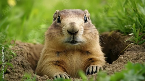 Curious prairie dog peeking from burrow