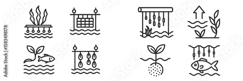 Aquatic farming techniques illustrated with diverse aquatic plants and fish in a serene water environment