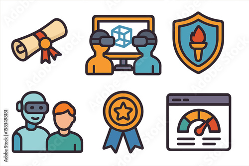Icons illustrating educational achievements, technology, and teamwork elements in a digital learning environment
