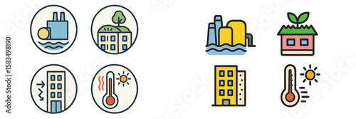 Environmental icons illustrating factory pollution, renewable energy, and climate change effects during daytime
