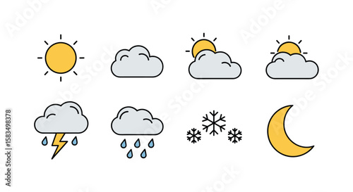 Collection of diverse weather condition icons showing sun clouds rain snow and moon phases