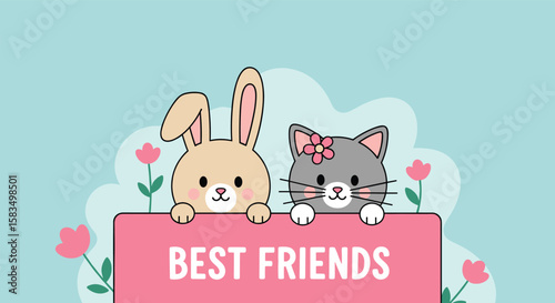 Cute cartoon bunny and cat friends together forever celebrating their wonderful friendship