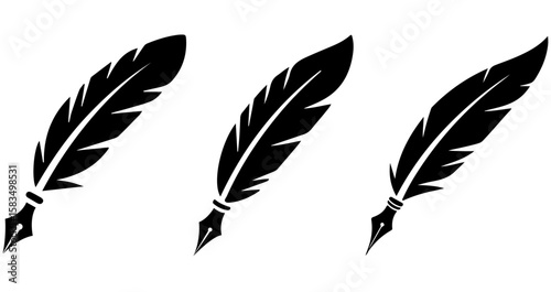 Feather wing quill pen set black silhouette vector.