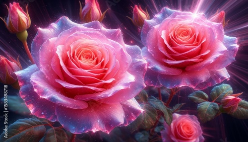 This stunning 3D, 4K image features vibrant pink roses, radiating enchantment with glimmers of light. The lush petals beautifully contrast against the dark background, creating a magical scene.