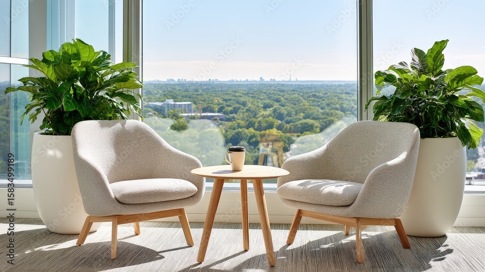 Obraz premium Two cozy armchairs with a small round table and coffee cup sit by a window overlooking a lush green landscape under a clear sky.