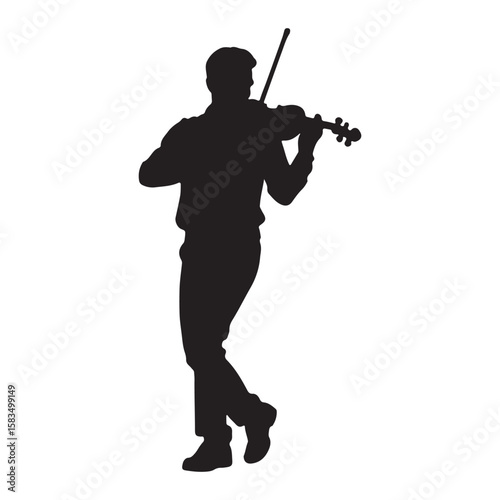 Silhouette of Violinist Playing Music Isolated on White Background

