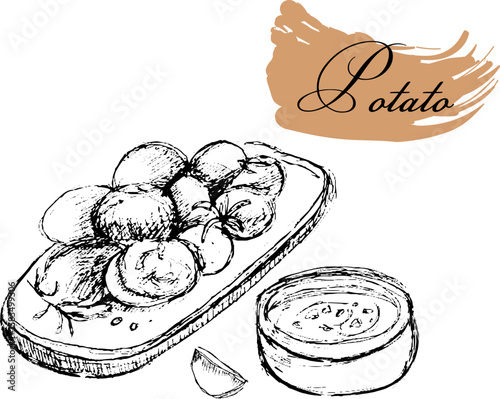 Hand-drawn sketch of potatoes with sauce on a plate  