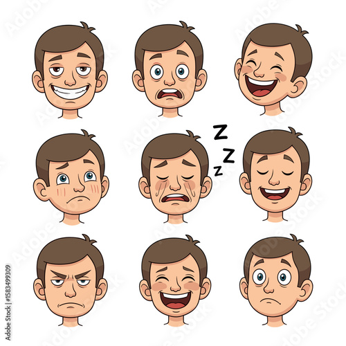 Cute Cartoon Boy Face with Different Expressions and States Illustration Set