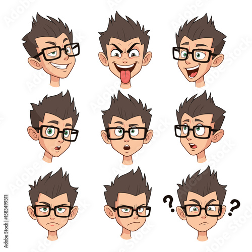 Cartoon Boy with Glasses Showing Various Emotions and Expressions Set