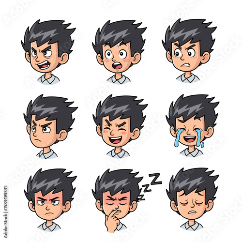 Set of Cartoon Boy Faces with Different Emotions and Actions Illustration