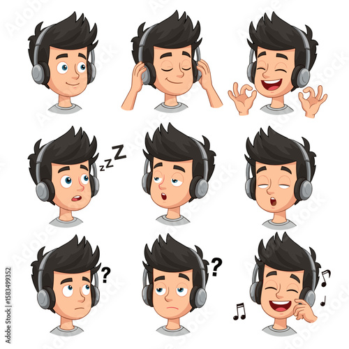 Cartoon Boy with Headphones Showing Different Expressions Set