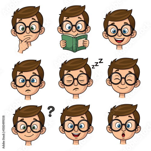 Cartoon Boy with Glasses Expressing Various Moods and Activities Set