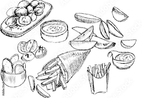 Sketch of various snacks including fries and dips on white background  
