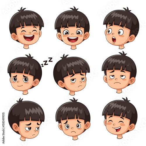 Set of Cartoon Boy Faces with Bangs and Various Expressions