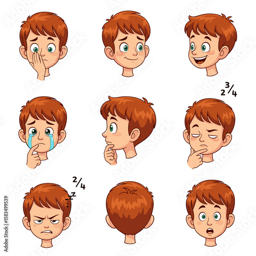 Cartoon Boy with Red Hair Expressions and Views Set