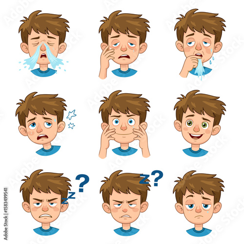 Cartoon Boy Face Showing Sickness, Sadness, and Confusion Set
