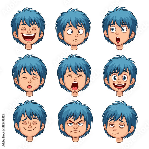 Cartoon Boy with Blue Hair Showing Variety of Expressions Set