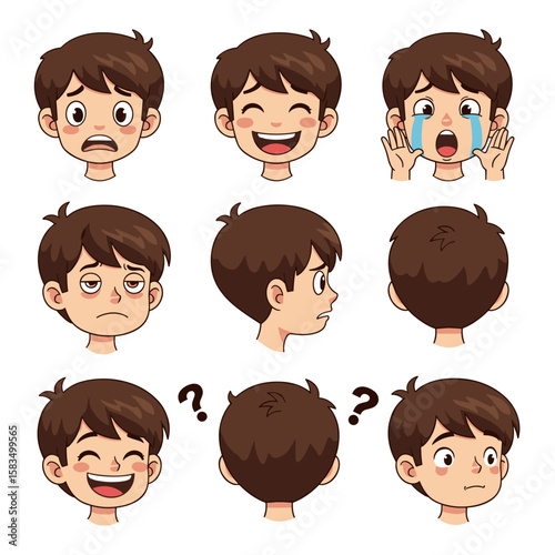 Cartoon Boy Head with Brown Hair Expressions and Views Set