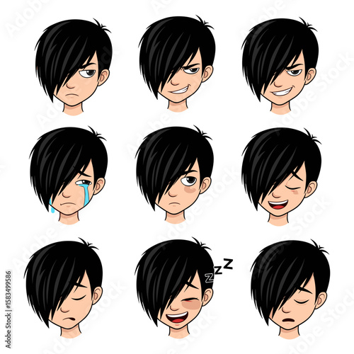 Cartoon Boy with Emo Hairstyle Showing Different Emotions Set