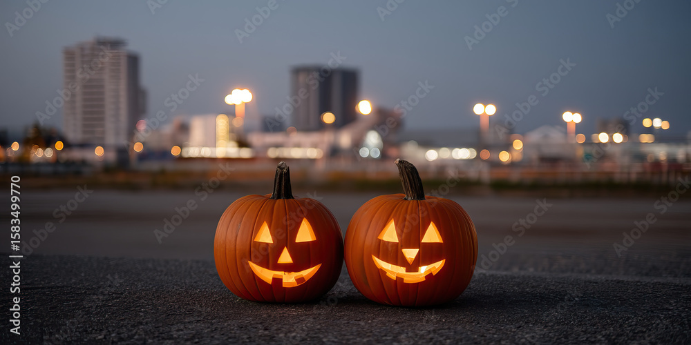 Fototapeta premium Two glowing jack o lanterns with smiling faces sit on dark surface with blurred cityscape and evening sky in background, creating spooky Halloween atmosphere