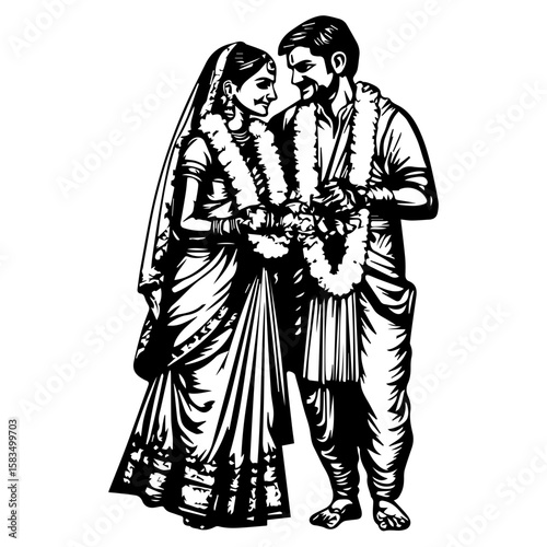 Tamil Wedding Couple, Traditional South Indian Wedding Couple in Cultural Attire – Vector Illustration