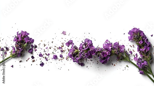 Purple flowers scattered on a white background.