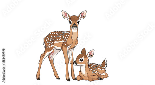 Two adorable spotted fawn deer standing and resting in a peaceful forest meadow nature scene