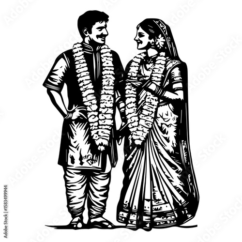 Tamil Wedding Couple, Traditional South Indian Wedding Couple in Cultural Attire – Vector Illustration