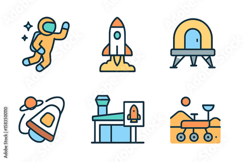 Astronaut, rocket, and space rover illustrations depict advancements in space exploration and science