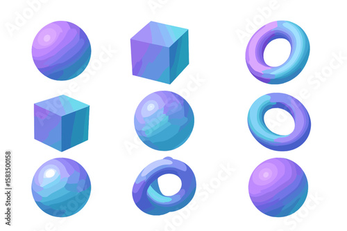 Geometric shapes in pastel colors arranged in a grid display showcasing spheres, cubes, and toroids in a minimalist style