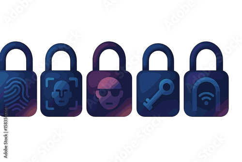 Digital security icons representing various authentication methods with locks and symbols