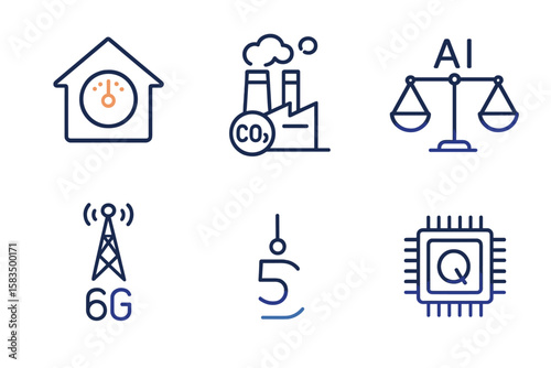 Icons representing technology and environmental themes including AI, 6G, and carbon management