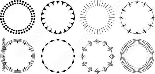 Collection of eight unique circular design frames with various geometric patterns, perfect for adding a decorative touch to your projects.
