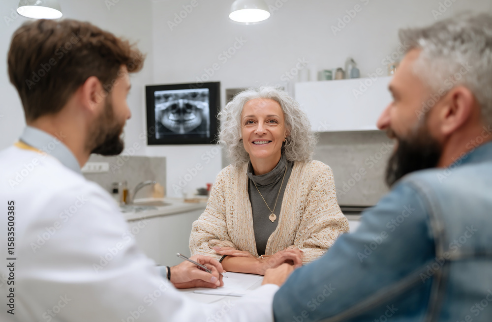 Obraz premium Veterinary dentist showing dental X-ray of a dog to pet owner, digital screen in background. 
