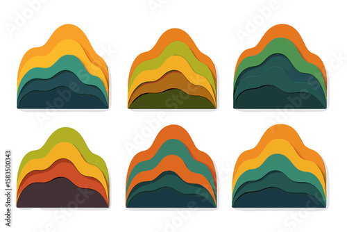 Colorful layered shapes arranged in a scenic pattern showcasing warm and cool tones in a modern design setting