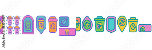 Colorful graphic design featuring recycling symbols and waste disposal icons in a playful layout for environmental awareness