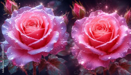 This beautiful image showcases two vibrant pink roses with delicate petals covered in dew drops, set against a softly blurred background. The roses exude romance and freshness, illuminated in 3D, 4K 