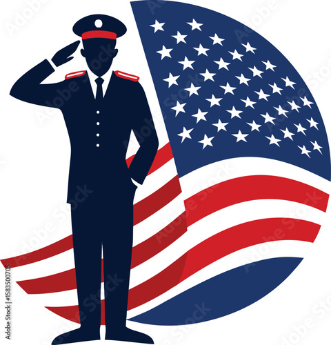 American soldier saluting a patriotic US flag illustration