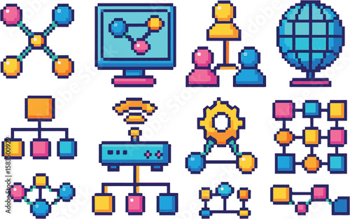 Network icon set, pixel art, eps 10 illiustration