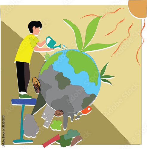 Take care of earth. Environmental protection, people saving planet, green energy ecosystem, volunteer ecologists, flat vector concept.  Environment protection, save earth, a person watering the Earth,