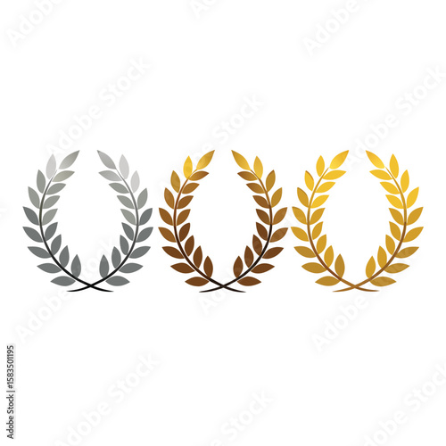 Golden wheat and laurel wreath vector illustration isolated on white, a natural symbol of harvest and award