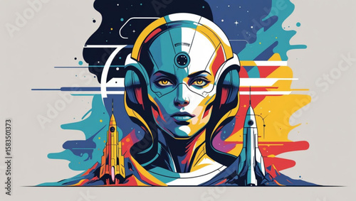 Modern comic book style illustration of a female android character