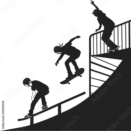Extreme winter sport action: silhouette illustration of people snowboarding, skiing, and skateboarding