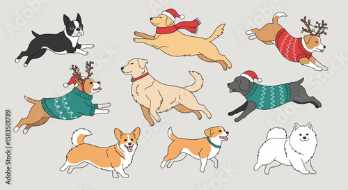 Festive dogs celebrating holidays with seasonal outfits and joyful movements